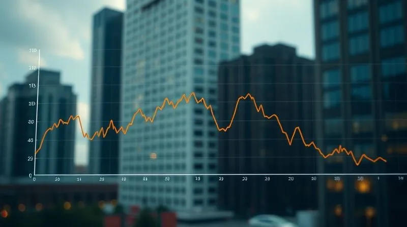 photorealistic, professional photography, 8K, cinematic lighting, sharp focus, depth of field, shot on a high-end DSLR of a stylized graph showing two lines: one for interest rates sharply increasing, and another for property valuations declining, with a visible gap between them representing the market lag, set against a backdrop of city buildings.