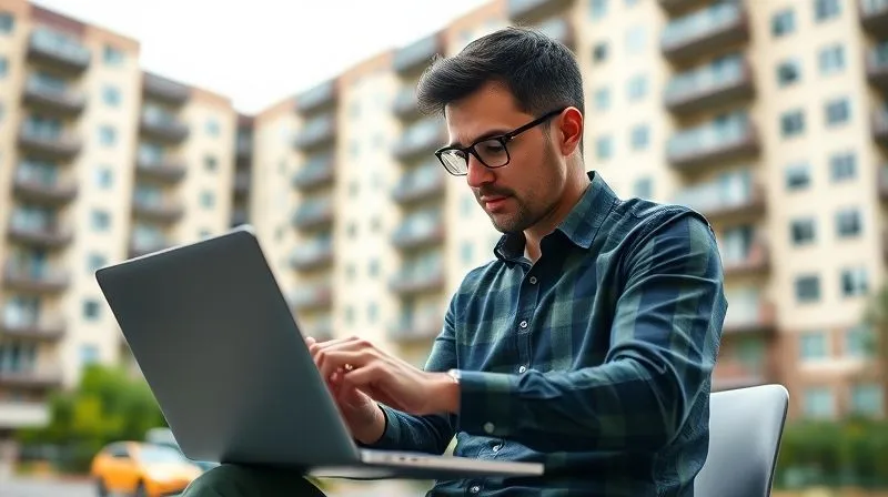 photorealistic, professional photography, 8K, cinematic lighting, sharp focus, depth of field, shot on a high-end DSLR of a financial analyst intently reviewing complex spreadsheets on a laptop, with a blurred background of a multi-family apartment complex, conveying the meticulous work involved in property re-valuation.