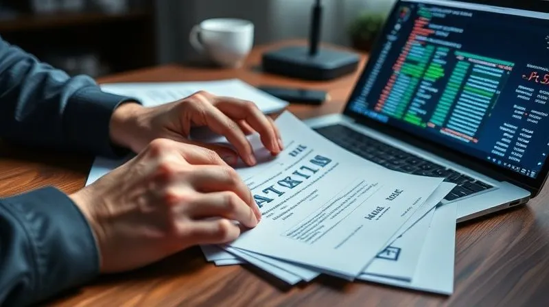 A photorealistic, professional photography image showing a person's hands meticulously organizing documents, screenshots, and digital transaction IDs on a desk, with a laptop displaying blockchain transaction data in the background. The scene is lit with cinematic lighting, sharp focus on the documents, depth of field blurring the background, 8K hyper-detailed, shot on a high-end DSLR, conveying urgency and organization.