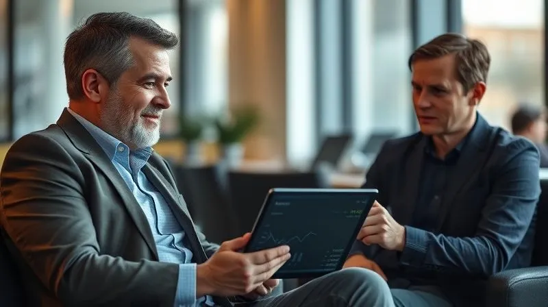 A photorealistic, professional photography image showing a financial advisor sitting across from a client, both looking at a tablet displaying complex financial data. The advisor has a reassuring and empathetic expression, while the client appears concerned but attentive. The setting is a modern, well-lit office. 8K, cinematic lighting, sharp focus on their faces and the tablet, depth of field blurring the background, shot on a high-end DSLR, conveying trust and support.