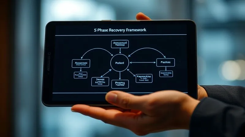 A photorealistic, professional photography image of a detailed flowchart on a digital screen, illustrating the '5-Phase Recovery Framework' with interconnected nodes and arrows, showing progress from 'Assessment' to 'Prevention'. The screen is held by a hand, suggesting guidance. 8K, cinematic lighting, sharp focus on the flowchart, depth of field blurring the background, shot on a high-end DSLR, conveying clarity and process.