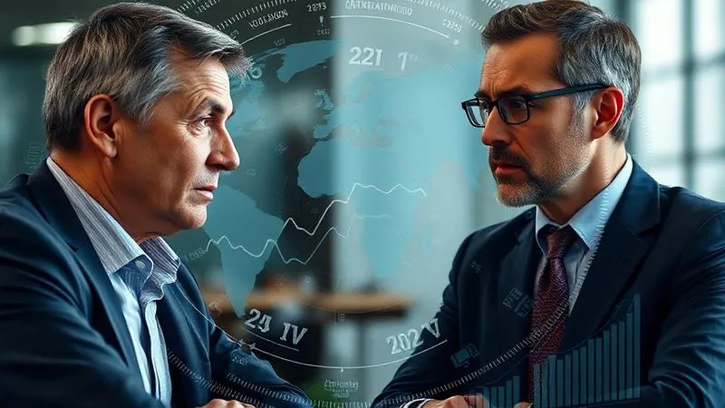 A photorealistic image depicting a complex, swirling infographic of global economic indicators (inflation, interest rates, GDP growth) superimposed over a worried client's face listening intently to a calm, professional financial advisor. Professional photography, 8K, cinematic lighting, sharp focus on the advisor and client, depth of field blurring background elements, shot on a high-end DSLR, conveying understanding and empathy.