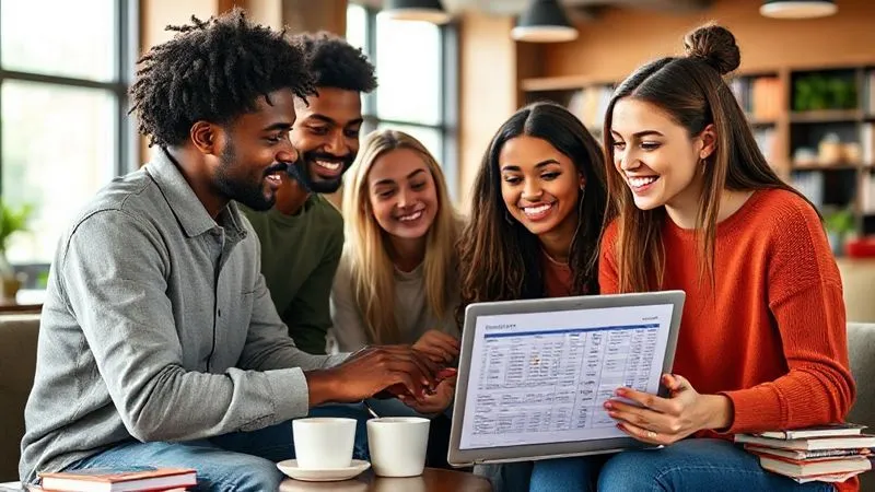 A photorealistic, professional photography, 8K, cinematic lighting, sharp focus, depth of field, shot on a high-end DSLR of a diverse group of university students collaboratively working on a financial budget spreadsheet on a laptop, surrounded by textbooks and coffee cups in a vibrant study lounge. Their expressions show focus and teamwork, symbolizing proactive financial management.