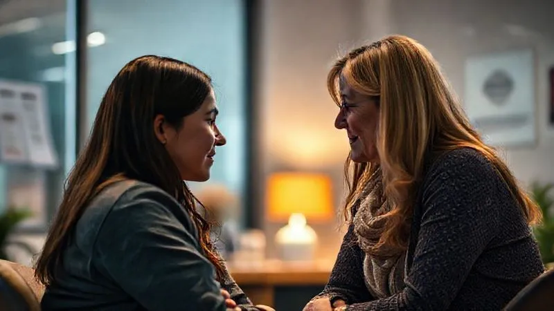 A photorealistic, professional photography, 8K, cinematic lighting, sharp focus, depth of field, shot on a high-end DSLR depicting a student in a university counseling office, speaking with a compassionate counselor. The student appears relieved and supported, with warm, soft lighting creating an atmosphere of trust and understanding. A subtle hint of university branding in the background.