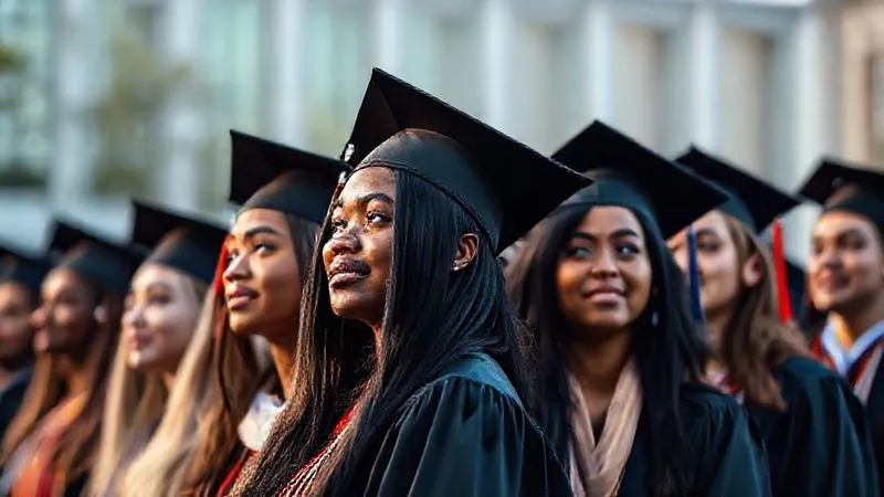 A photorealistic, professional photography, 8K, cinematic lighting, sharp focus, depth of field, shot on a high-end DSLR of a diverse group of graduating students, dressed in cap and gown, looking confidently towards a bright horizon on a university campus. Their faces are filled with optimism and a sense of accomplishment, symbolizing successful navigation of challenges and a promising future.