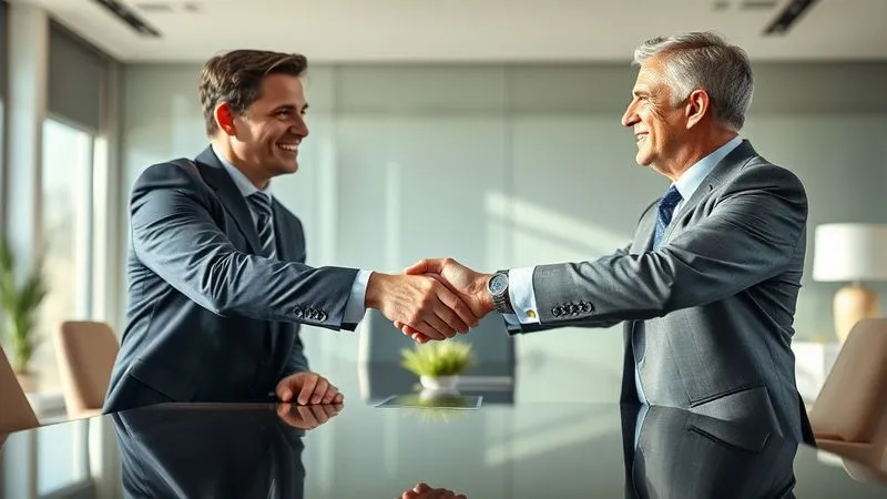 A photorealistic, professional photography, 8K image of two professionals, one a financial advisor and the other an ultra-high-net-worth client, shaking hands across a polished executive desk. Their expressions convey trust, mutual respect, and a successful partnership. The background is a modern, sunlit office with subtle financial decor. Cinematic lighting, sharp focus on the handshake and faces, depth of field blurring the background, shot on a high-end DSLR.