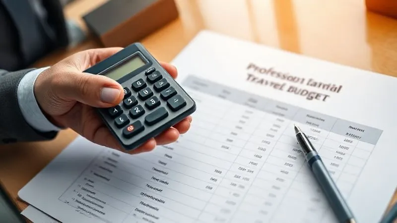 Photorealistic, professional photography, 8K, cinematic lighting, sharp focus, depth of field, shot on a high-end DSLR, a hand holding a calculator over a detailed spreadsheet titled 'Professional Travel Budget', with categories like 'Flights', 'Hotels', 'Meals', and 'Reimbursable' clearly visible, set against a blurred background of a modern office desk.