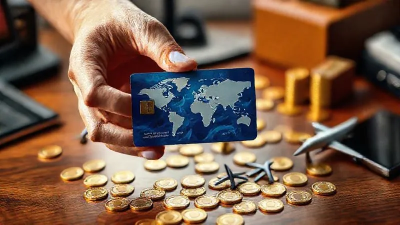 Photorealistic, professional photography, 8K, cinematic lighting, sharp focus, depth of field, shot on a high-end DSLR, a hand holding a credit card with a world map design, surrounded by a scatter of golden coins and small airplane figurines, on a polished wooden desk, symbolizing financial rewards and travel.