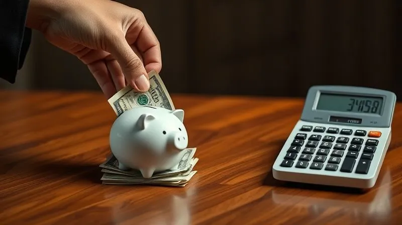 photorealistic, professional photography, 8K, cinematic lighting, sharp focus, depth of field, shot on a high-end DSLR. A hand dividing a stack of money into two distinct piles on a polished wooden table. One pile is being placed into a small piggy bank labeled 'Investments', while the other is being pushed towards a calculator with a decreasing debt balance display. The background is slightly blurred, focusing on the action of allocation, symbolizing strategic financial decision-making.