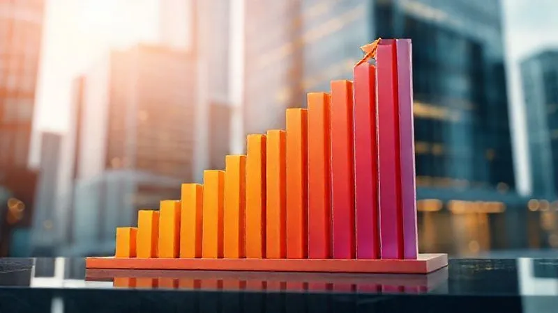 A photorealistic 3D bar chart showing a steady upward trend of investment growth over time, with smaller, manageable fluctuations. The chart visually represents long-term compound interest, set against a blurred background of a modern financial district. 8K, cinematic lighting, sharp focus, depth of field, shot on a high-end DSLR.