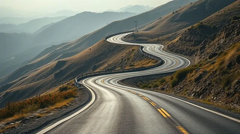 A photorealistic image of a winding, uphill road, subtly growing wider and more luxurious with each turn, leading to an obscured, distant destination. The road is well-maintained but hints at increasing maintenance costs. Cinematic lighting, sharp focus on the road ahead, depth of field blurring the surrounding landscape, 8K hyper-detailed, professional photography, shot on a high-end DSLR.