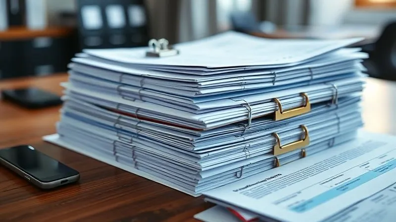 A photorealistic image of a neatly organized stack of financial documents, including tax forms, bank statements, medical bills, and termination letters, all secured with clips and tabs on a polished wooden desk. The documents are in sharp focus, conveying a sense of meticulous preparation and evidence gathering. 8K, cinematic lighting, sharp focus, depth of field blurring a background, shot on a high-end DSLR.