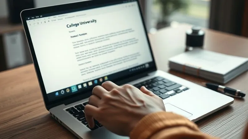 A photorealistic close-up of hands typing a professional letter on a laptop keyboard, with a college university logo subtly visible on the screen. The screen displays a formal letter template, and a pen and a stack of organized documents are nearby. The scene conveys diligence and official communication. 8K, cinematic lighting, sharp focus on the hands and screen, depth of field blurring the background, shot on a high-end DSLR.