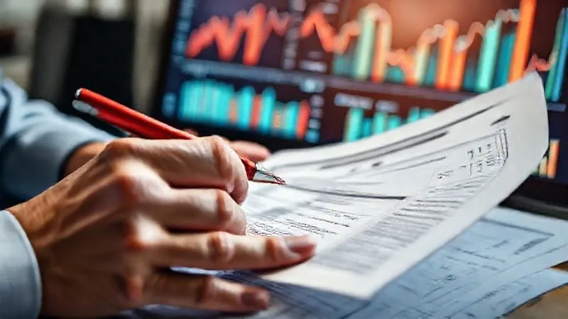 Photorealistic, professional photography, 8K, cinematic lighting, sharp focus, depth of field, shot on a high-end DSLR. A person's hands meticulously examining complex commercial property tax assessment documents, highlighting specific sections with a red pen, against a backdrop of blurred financial charts on a computer screen. The mood is focused and analytical.