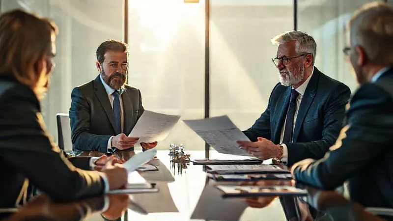 Photorealistic, professional photography, 8K, cinematic lighting, sharp focus, depth of field, shot on a high-end DSLR. A professional negotiation scene in a modern conference room. Two individuals, one a property owner and the other a tax consultant, are presenting documents to a panel of three assessors. The atmosphere is tense but professional, with focused expressions and gestures of explanation. Sunlight streams through a large window. The mood is determined and strategic.