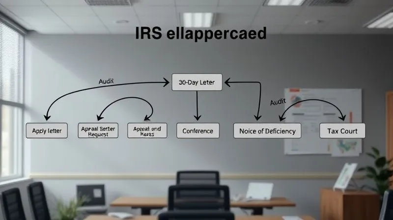 A photorealistic image of a detailed flowchart depicting the IRS appeals process, with arrows connecting various stages like 'Audit', '30-Day Letter', 'Appeals Request', 'Appeals Conference', 'Notice of Deficiency', and 'Tax Court', against a professional office backdrop with muted colors, cinematic lighting, sharp focus, 8K hyper-detailed.
