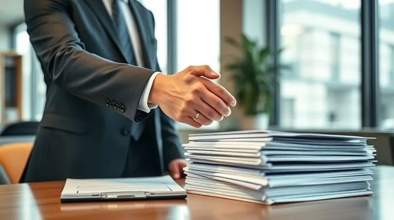 A photorealistic image of a business owner shaking hands with a tax attorney or CPA in a modern, well-lit office, a stack of organized legal documents on the table, signifying expert consultation and relief, cinematic lighting, sharp focus, depth of field, 8K hyper-detailed.