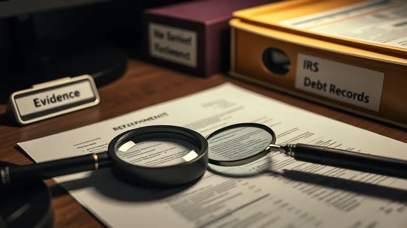 A close-up, photorealistic image of a neatly organized desk with a magnifying glass resting on a complex financial document, surrounded by folders labeled "Evidence," "IRS Correspondence," and "Debt Records." The scene is illuminated by soft, focused light, suggesting meticulous attention to detail and a strategic approach, 8K, depth of field.