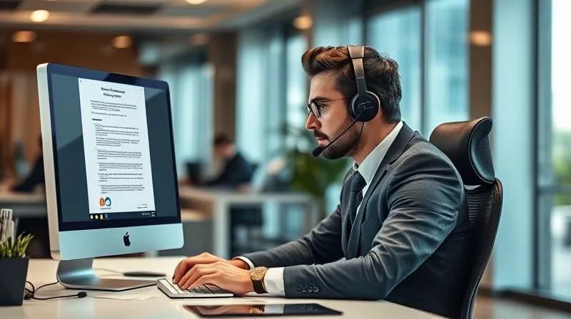A photorealistic, professional image of a determined individual sitting at a desk, looking confidently at a computer screen displaying a legal document, with a phone headset on, suggesting active engagement and seeking further assistance. The background is a modern office, 8K, cinematic lighting, sharp focus.