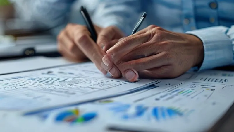 A photorealistic close-up of hands meticulously analyzing a detailed corporate sustainability report, highlighting specific data points and graphs with a pen. Soft, natural light, sharp focus on the document, depth of field blurring the background, 8K hyper-detailed, professional photography, shot on a high-end DSLR.