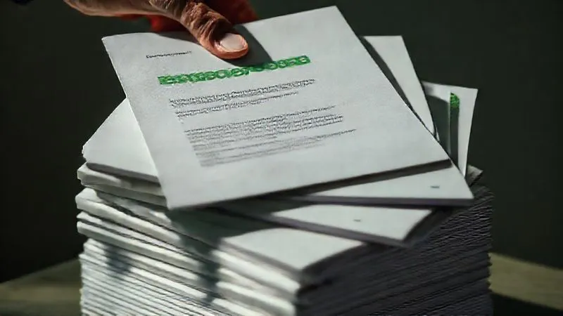 photorealistic, professional photography, 8K, cinematic lighting, sharp focus, depth of field, shot on a high-end DSLR, a stack of glossy corporate sustainability reports, one partially open revealing vague, generic eco-friendly phrases, a shadowy hand subtly pulling another report out of view, symbolizing hidden information and greenwashing, a subtle green filter over the scene to emphasize the theme.