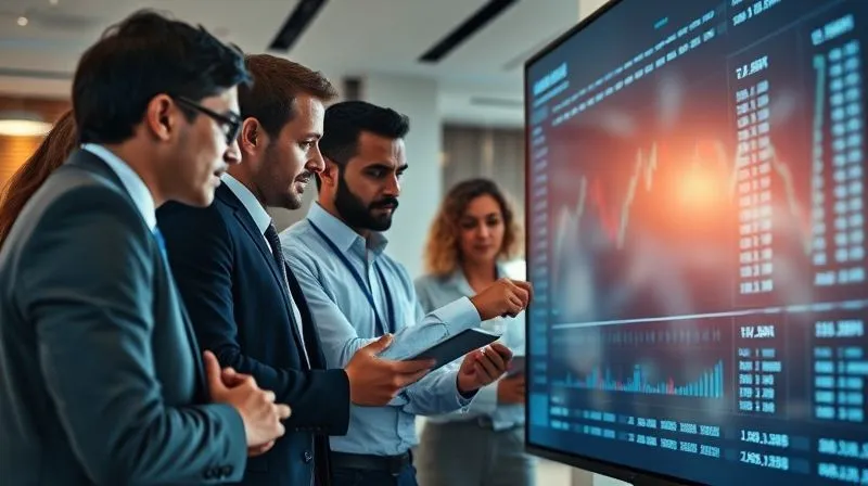 A photorealistic image of a diverse group of professionals looking at a complex financial chart on a large screen, with a sense of purpose and collaboration. The background shows a modern, elegant office interior, cinematic lighting, sharp focus, depth of field, 8K hyper-detailed, professional photography.