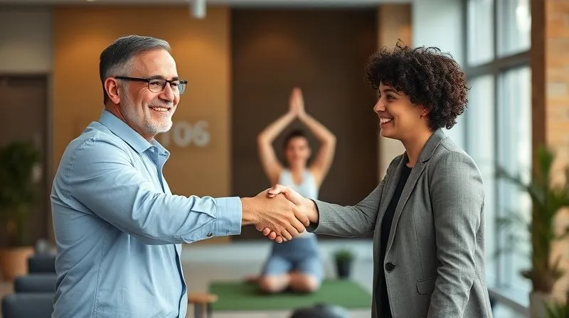A photorealistic image of a professional shaking hands with a colleague, both smiling, in a modern, well-lit office, symbolizing positive recognition and team appreciation. A subtle background element of a person doing yoga, representing well-being. Cinematic lighting, sharp focus, depth of field, 8K hyper-detailed, professional photography.