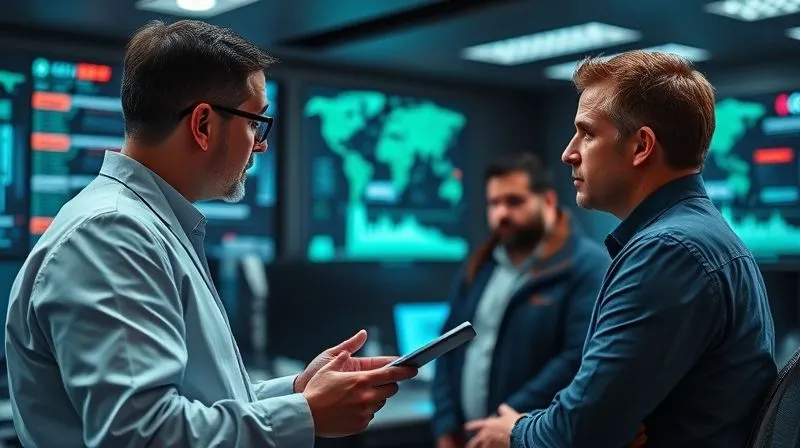 A photorealistic image of a cybersecurity expert explaining data privacy protocols to a small team in a secure, high-tech control room, with digital interfaces and glowing screens in the background. Cinematic lighting, sharp focus on the faces, depth of field, 8K hyper-detailed, professional photography.