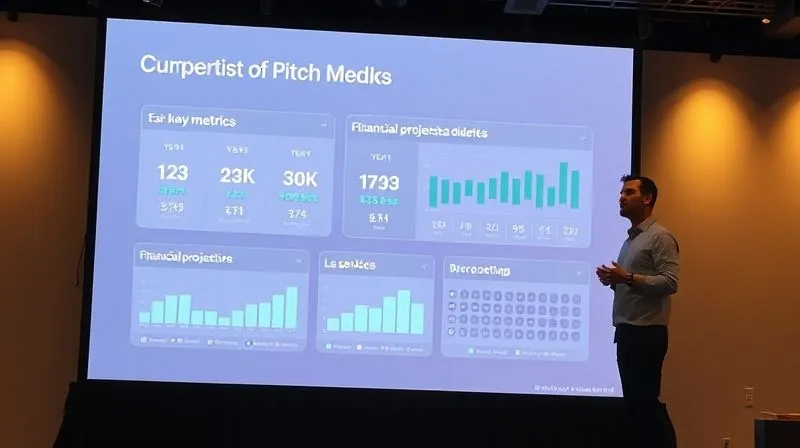 A photorealistic image of a modern, minimalist pitch deck presentation on a large screen, showcasing key metrics and financial projections, with a confident entrepreneur presenting, cinematic lighting.