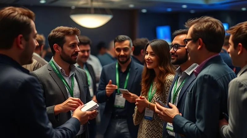 A photorealistic image of a diverse group of angel investors networking at a startup conference, with business cards being exchanged and enthusiastic conversations taking place, cinematic lighting.