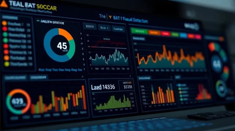 A photorealistic dashboard displaying real-time fraud detection metrics, with graphs and charts showing key performance indicators, cinematic lighting, sharp focus, depth of field, shot on a high-end DSLR, 8K