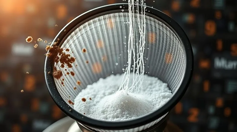 A photorealistic, professional photography, 8K image depicting a stylized digital filter or sieve, with complex, raw data particles on one side and clean, structured, compliant data flowing through to the other. Some 'dirty' data particles are visibly caught in the filter. Cinematic lighting, sharp focus on the filtering process, depth of field blurring the background of abstract data streams. Shot on a high-end DSLR, illustrating the challenge and solution of data quality in automation.