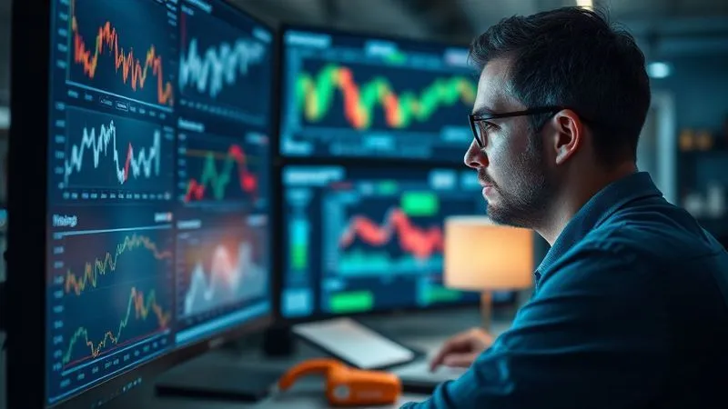 A photorealistic, professional photography, 8K, cinematic lighting, sharp focus, depth of field, shot on a high-end DSLR, depicting a person meticulously monitoring multiple financial charts and news feeds on several screens, with a focused and analytical expression. The scene suggests proactive management and vigilance in investing.