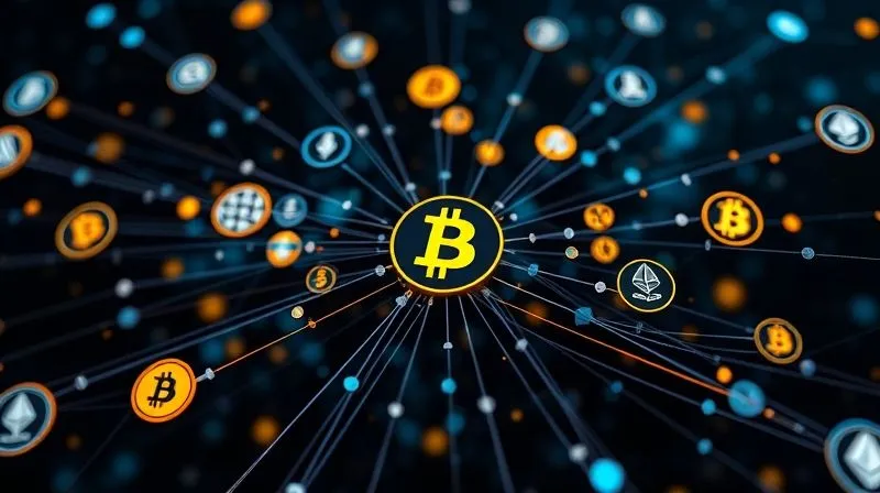 A photorealistic image showing a complex web of interconnected digital currency symbols (Bitcoin, Ethereum, etc.) with various regulatory icons (scales of justice, legal documents) weaving through them. The scene is dynamic, with lines of data flowing, cinematic lighting illuminating the regulatory nodes, sharp focus on the central nexus, depth of field blurring the distant connections, 8K hyper-detailed, professional photography, shot on a high-end DSLR, conveying global regulatory oversight.