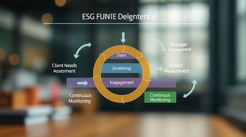 A professional diagram illustrating a multi-layered due diligence process for ESG funds, showing arrows flowing through stages like 'Client Needs Assessment', 'Data Screening', 'Manager Engagement', 'Impact Measurement', and 'Continuous Monitoring'. The diagram should be clean, modern, and visually appealing. Photorealistic, professional photography, 8K, cinematic lighting, sharp focus, depth of field, shot on a high-end DSLR.