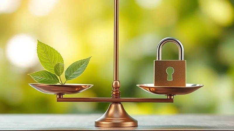 A photorealistic image of a balanced scale, with one side labeled 'Environmental' showing a vibrant green leaf, and the other side labeled 'Social & Governance' showing a diverse group of people and a secure padlock. The scale is perfectly balanced, emphasizing the equal importance of all ESG pillars. Professional photography, 8K, cinematic lighting, sharp focus, depth of field, shot on a high-end DSLR.