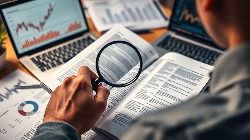 photorealistic, professional photography, 8K, cinematic lighting, sharp focus, depth of field, shot on a high-end DSLR. A person intently reading a complex financial prospectus, with a magnifying glass held over a dense section of text, surrounded by data charts and a laptop displaying financial models. The scene should convey deep concentration and the act of detailed scrutiny.