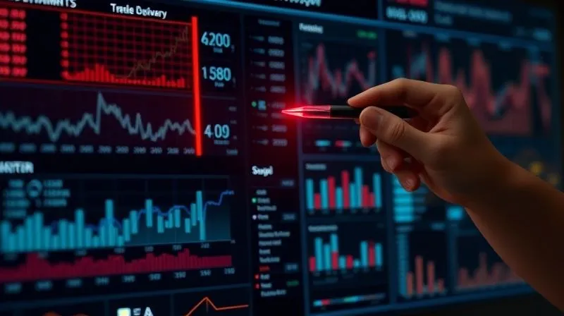 A photorealistic image of a complex financial dashboard with various charts and graphs, but one section is highlighted with a subtle, glowing red outline, indicating a 'red flag' or anomaly. A hand is pointing to this section with a pen, conveying intense scrutiny. Professional photography, 8K, cinematic lighting, sharp focus on the dashboard, depth of field, shot on a high-end DSLR.