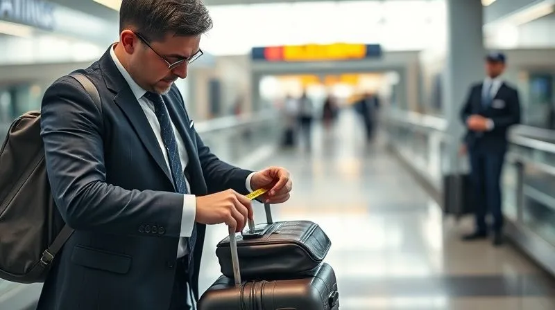 A professional business traveler meticulously measuring a carry-on bag with a tape measure at an airport gate, a stern airline employee observing in the background. The scene is brightly lit, emphasizing the tension and precision. Photorealistic, professional photography, 8K, cinematic lighting, sharp focus, depth of field.
