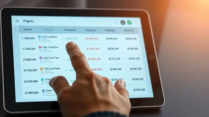 A seamless digital interface on a tablet showing multiple flight options with transparent cost breakdowns, overlaid with a subtle corporate branding. A hand is about to tap the screen, representing informed decision-making. Photorealistic, professional photography, 8K, cinematic lighting, sharp focus, depth of field.