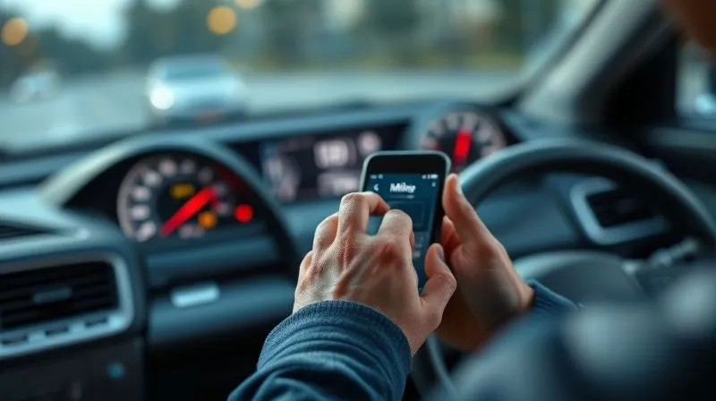 A photorealistic professional photography image of a person's hands diligently inputting mileage data into a smartphone app, with a car dashboard visible in the background through the windshield. The focus is sharp on the phone screen and hands, with cinematic lighting. 8K, depth of field blurring the background, shot on a high-end DSLR.