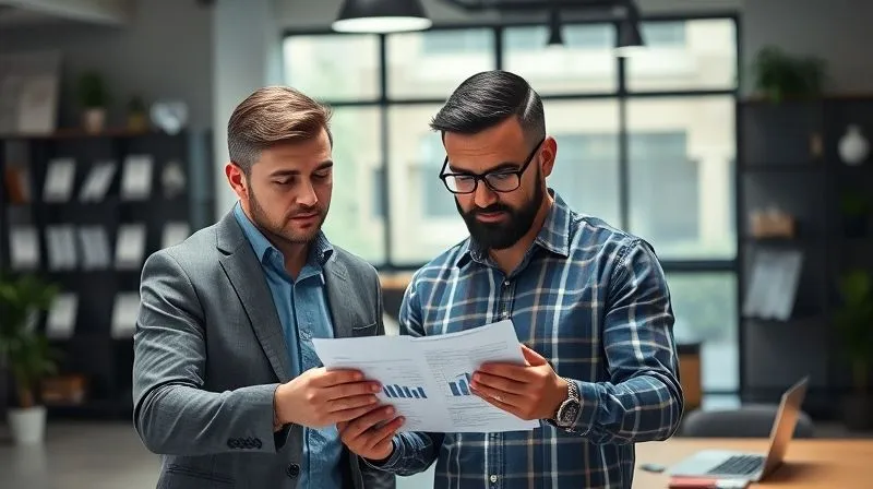 A professional CPA and a small business owner collaboratively reviewing financial statements on a tablet, with a backdrop of a modern, organized office. Photorealistic, professional photography, 8K, cinematic lighting, sharp focus, depth of field, shot on a high-end DSLR.