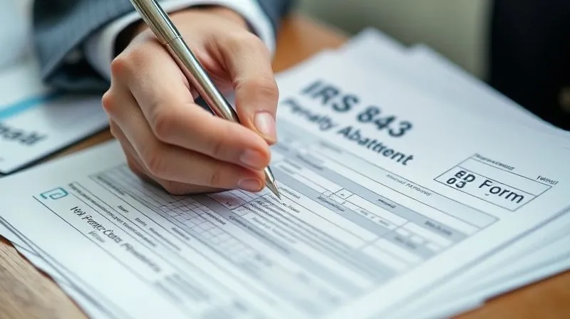 A close-up shot of a hand meticulously filling out an IRS Form 843 for penalty abatement, with a pen and a stack of supporting documents. The background is softly blurred, suggesting focus and determination. Photorealistic, professional photography, 8K, cinematic lighting, sharp focus, depth of field, shot on a high-end DSLR.