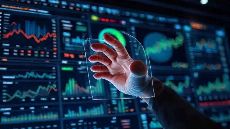 A photorealistic, professional photography, 8K, cinematic lighting, sharp focus, depth of field, shot on a high-end DSLR image of a futuristic financial dashboard displaying complex data visualizations and predictive analytics, with a human hand hovering over a holographic interface. The scene conveys innovation, foresight, and proactive risk management in banking. 8K, cinematic lighting, sharp focus, depth of field.