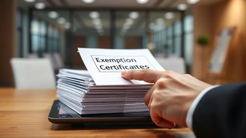 A photorealistic image of a stack of neatly organized digital documents and folders on a tablet screen, with a clear label 'Exemption Certificates'. A professional hand points to a specific document, emphasizing the importance of accurate record-keeping. The background is a modern, minimalist office setting. Cinematic lighting, sharp focus, depth of field, 8K hyper-detailed, professional photography, shot on a high-end DSLR.