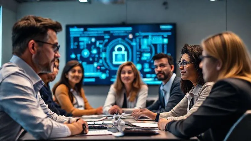 A photorealistic, professional photography, 8K, cinematic lighting, sharp focus, depth of field, shot on a high-end DSLR of a diverse group of fintech professionals actively engaged in a compliance training session, looking attentive and collaborative, with digital screens displaying secure data concepts in the background, conveying a culture of awareness and learning.