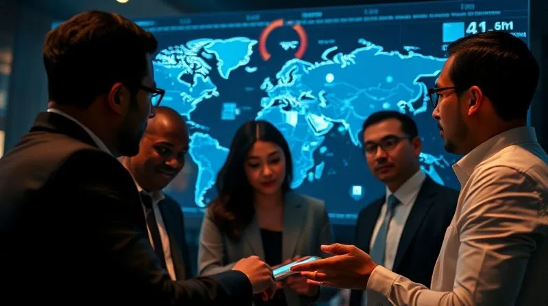 A photorealistic, professional photography, 8K, cinematic lighting, sharp focus on a diverse group of investors collaborating, reviewing complex data on a holographic screen, with subtle human rights symbols integrated into the data visualization. Depth of field blurring a global map in the background. Shot on a high-end DSLR.