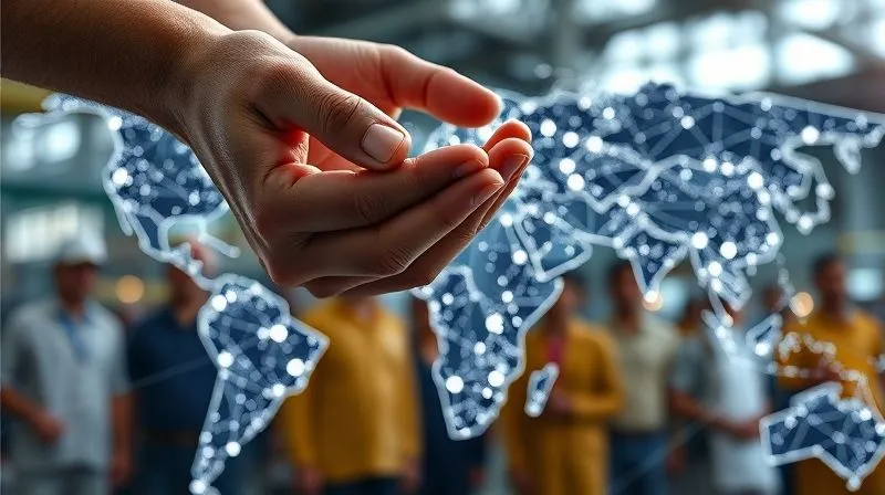 A photorealistic, professional photography, 8K, cinematic lighting, sharp focus on a detailed, interconnected global supply chain visualized as glowing lines linking various factories and shipping routes. Hands are gently placed over the network, symbolizing protection and oversight. Depth of field blurring a diverse group of workers in the background. Shot on a high-end DSLR.