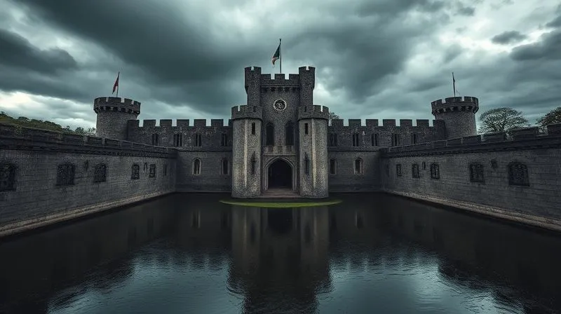 A photorealistic image of a medieval castle with a wide, deep moat filled with water, reflecting a stormy sky. The castle walls are imposing and formidable, symbolizing a strong competitive advantage. Professional photography, 8K, cinematic lighting, sharp focus on the castle, depth of field blurring the background, shot on a high-end DSLR