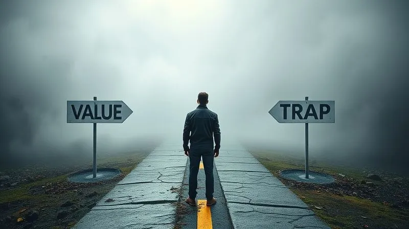 A photorealistic image of a person standing at a crossroads, with one path clearly marked 'Value' and the other 'Trap' but obscured by fog and complex symbols. The person looks hesitant, symbolizing cognitive bias in decision-making. Professional photography, 8K, cinematic lighting, sharp focus on the person, depth of field blurring the background, shot on a high-end DSLR